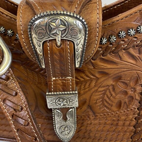 American West Tooled Leather Shoulder Bag Purse A27 - Picture 4 of 15